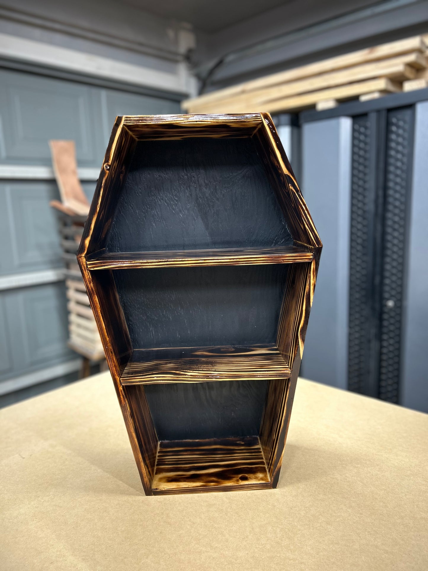 Burned Coffin Shelf, 24” Black Back, Custom Options, Handmade