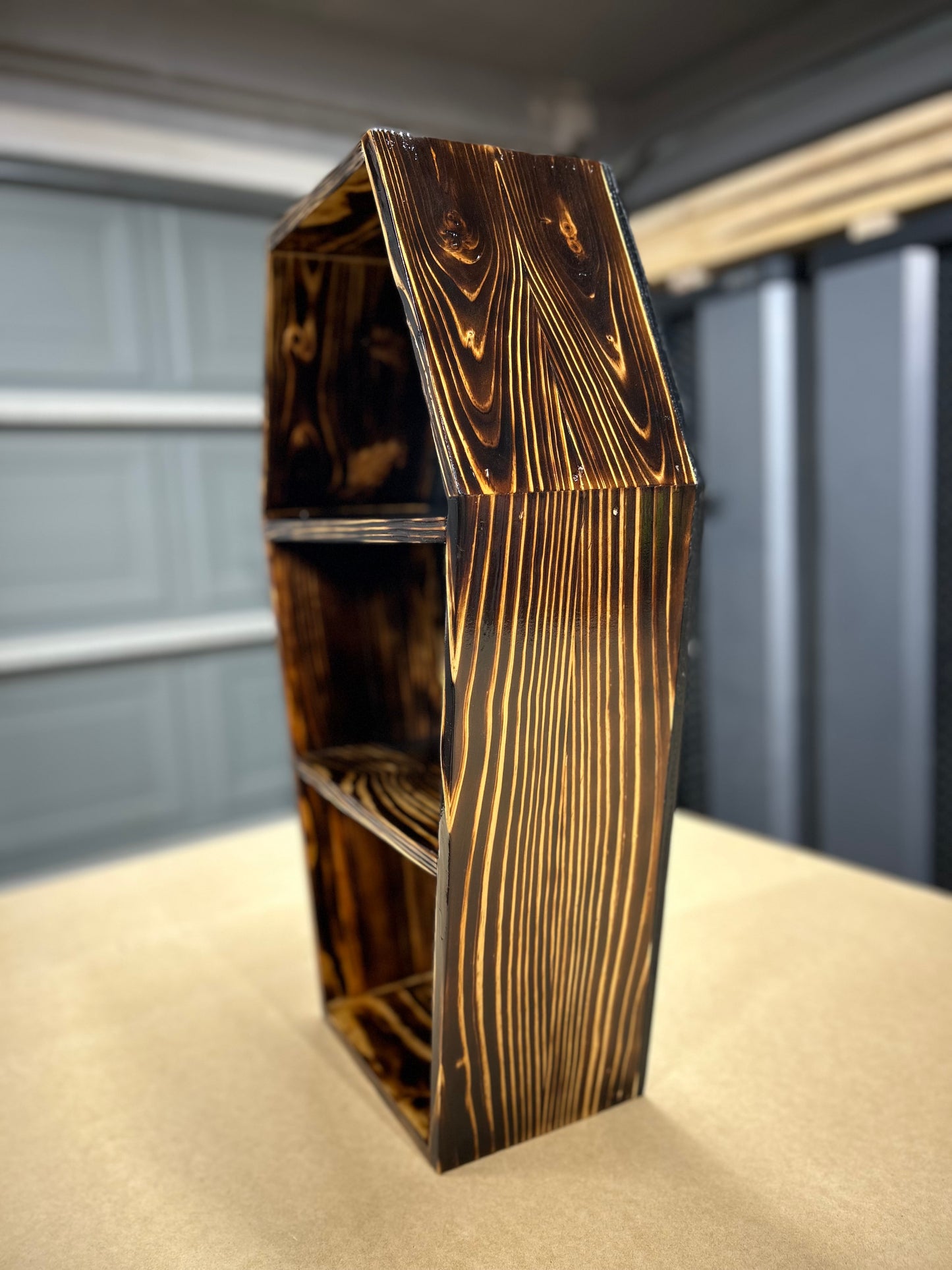 Burned Coffin Shelf, 24” Black Back, Custom Options, Handmade