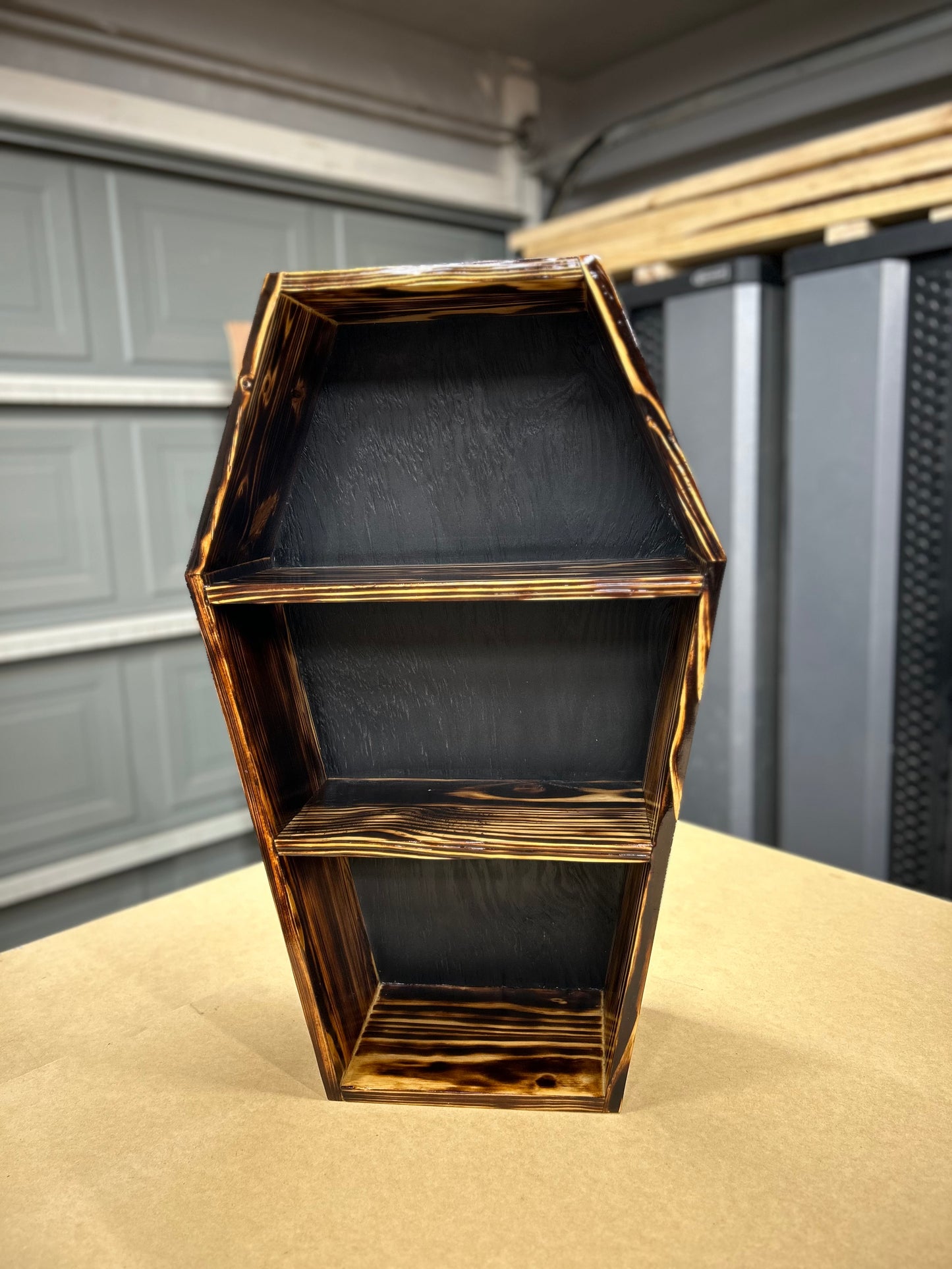 Burned Coffin Shelf, 24” Black Back, Custom Options, Handmade