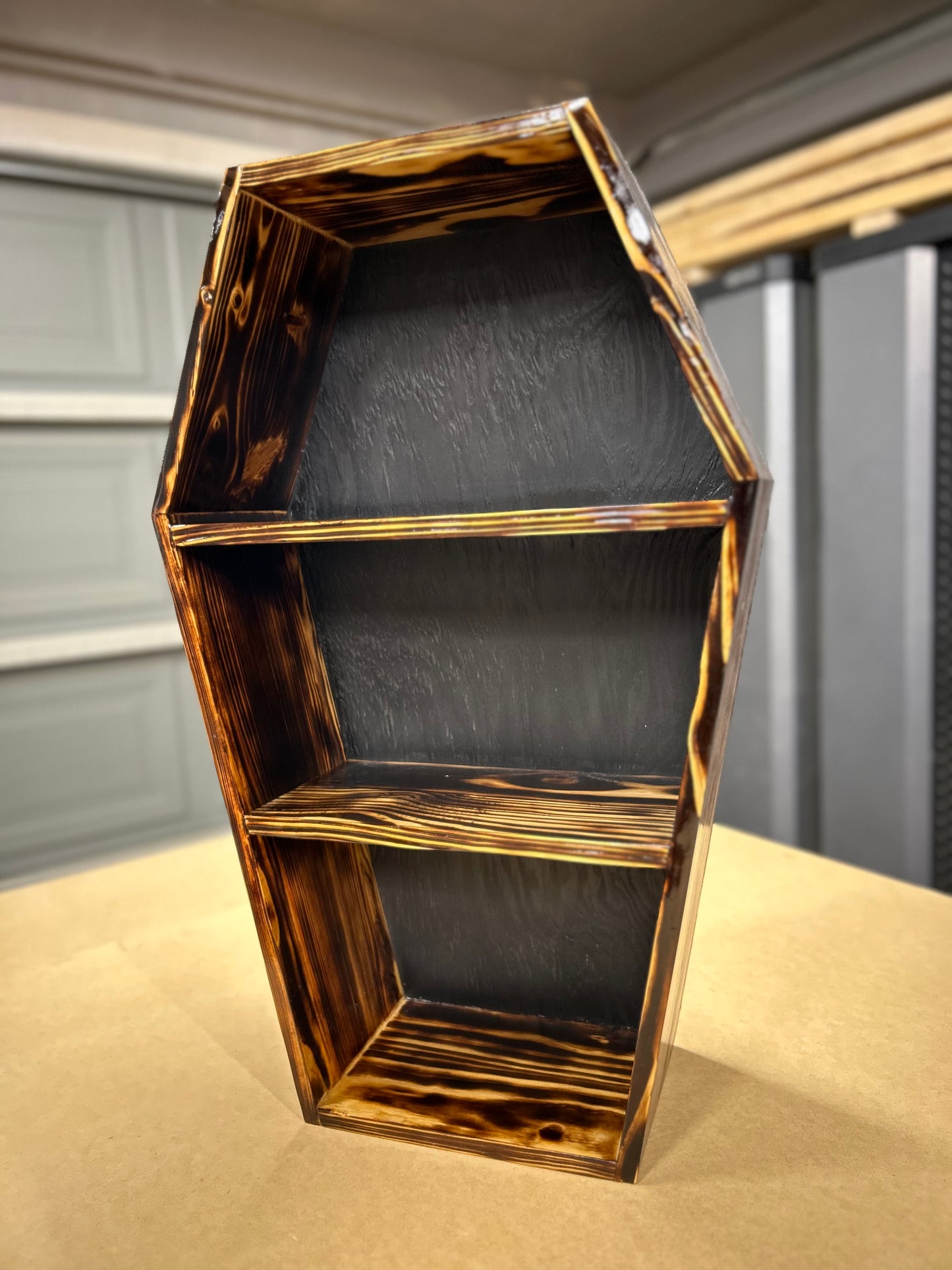 Burned Coffin Shelf, 24” Black Back, Custom Options, Handmade