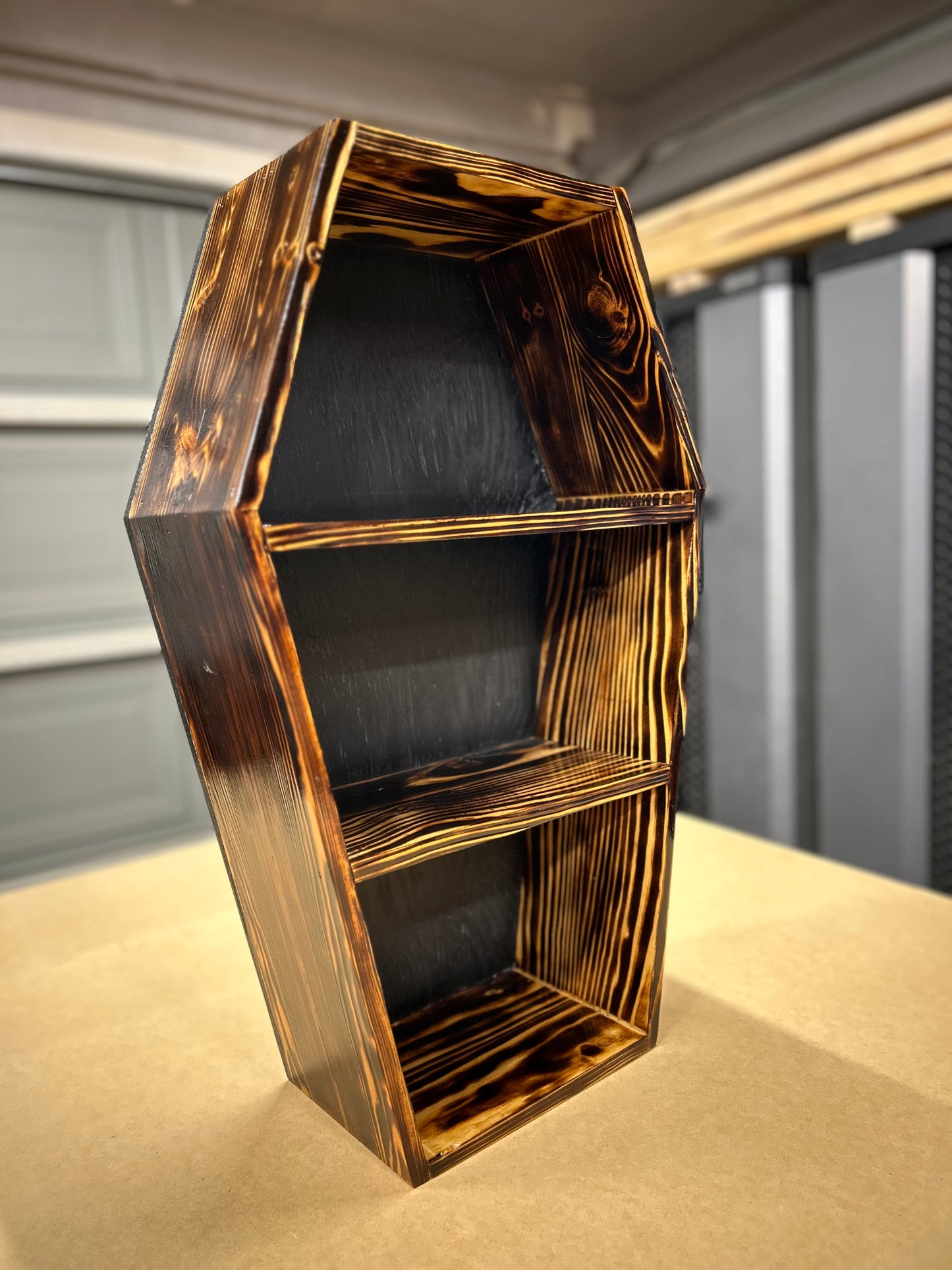 Burned Coffin Shelf, 24” Black Back, Custom Options, Handmade