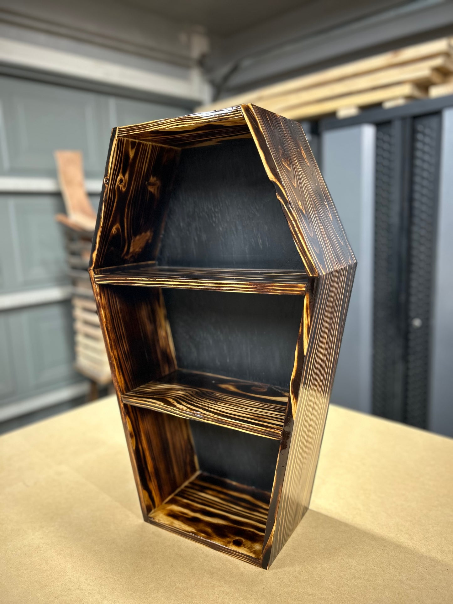 Burned Coffin Shelf, 24” Black Back, Custom Options, Handmade